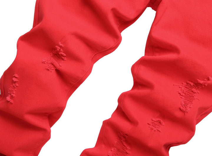 Rote zerrissene Jeans, modisch, Baumwolle, Damenbekleidung, trendige Hosen, Streetwear.