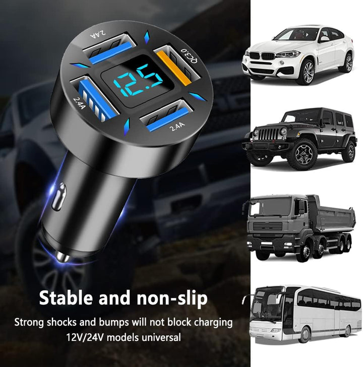 Schwarzes Auto-Ladegerät mit LED-Anzeige, 3 USB-Ports, 12V/24V, universell für Fahrzeuge.