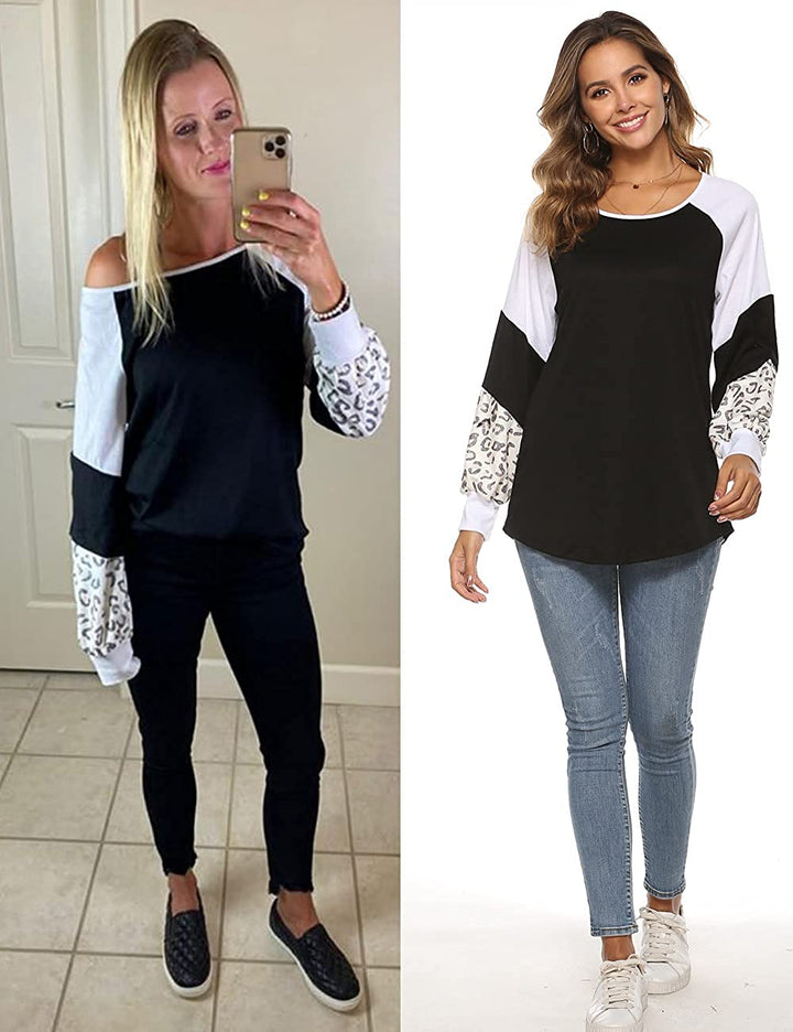 Zweifarbiges Damen-Langarmshirt, schwarz-weiß, mit Leopardenmuster, lässig, modisch.