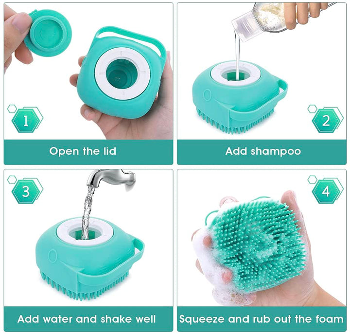 Türkisfarbene Silikon-Hundebürste mit Shampoo-Behälter, ideal zur Fellpflege und Reinigung.