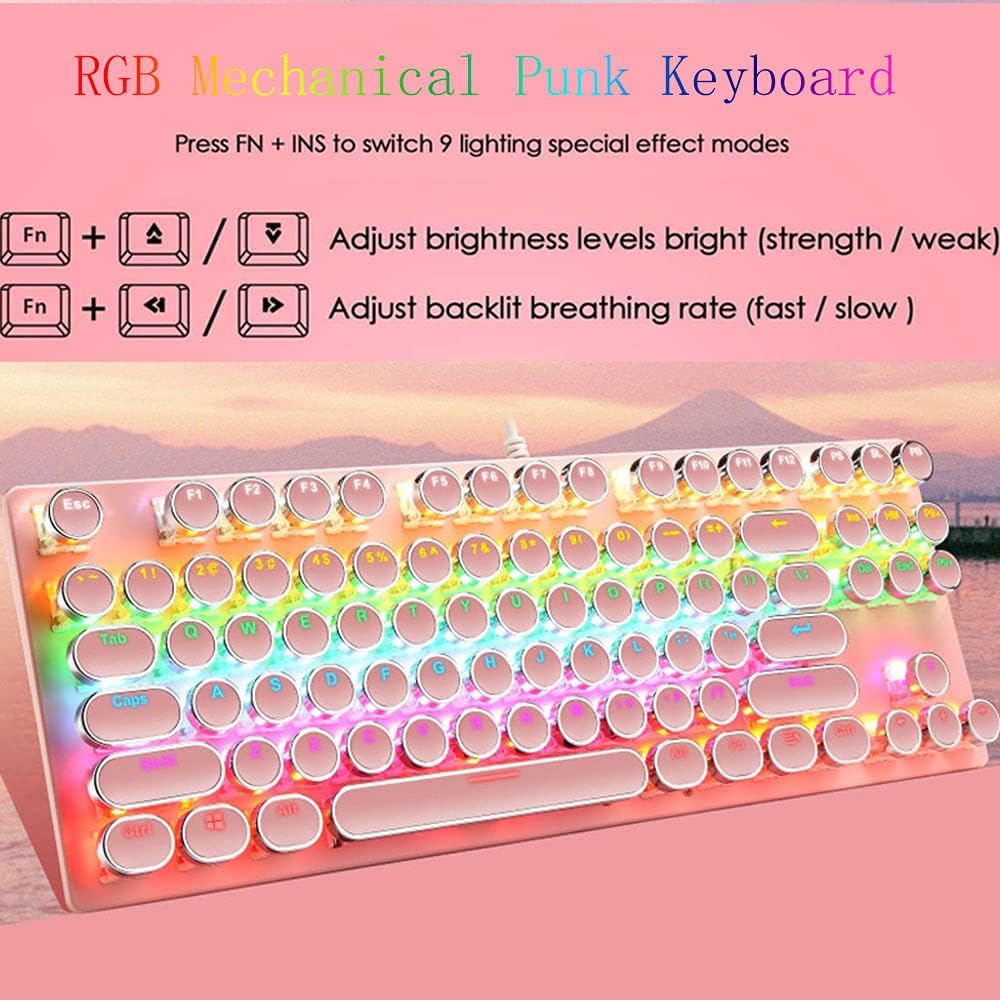 Mechanická herní klávesnice s 87 klávesami, RGB podsvícením a modrými spínači.