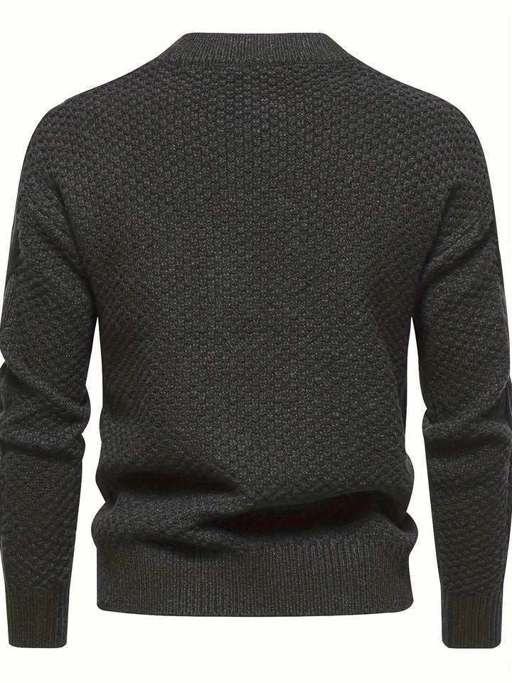 Dunkelgrauer Strickpullover Herren, Rückansicht, Baumwolle, Wintermode, Textur, warm.