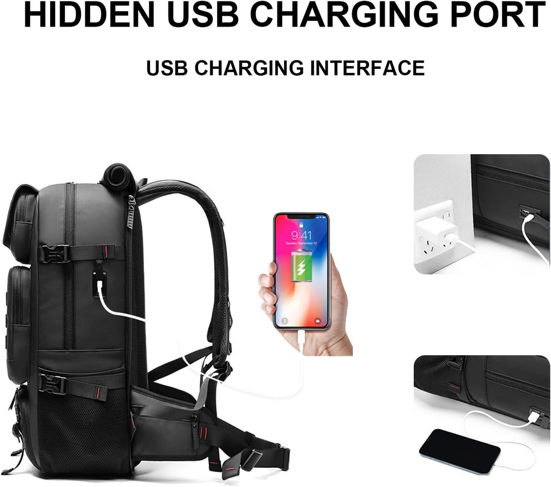 Vodotěsný cestovní batoh 50 l s přihrádkou na boty a USB portem.