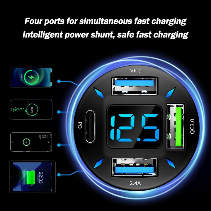 Auto Ladegerät mit 4 USB-Anschlüssen, LED-Anzeige, Schnellladung, Schwarz