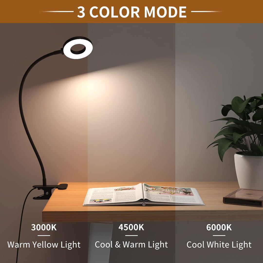 LED stolní lampička s klipem, 3 barevné režimy, s flexibilním husím krkem – Selvara (1+1 ZDARMA)