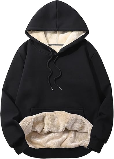 Schwarzer Kapuzenpullover mit beigem Fleecefutter, Unisex, warm, Wintermode.
