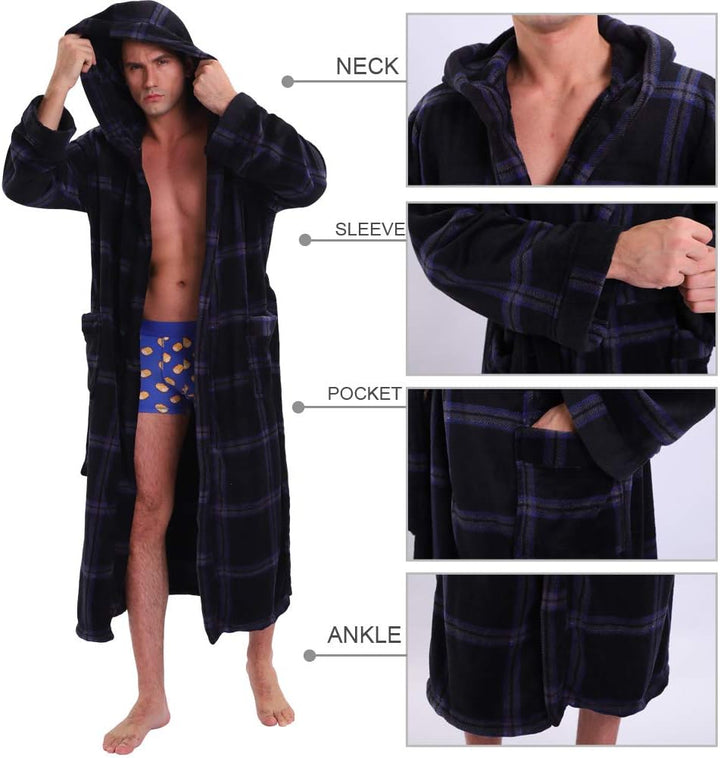 Männer Bademantel mit Kapuze, kariert, schwarz-blau, Fleece, Taschen, gemütlich, lang.