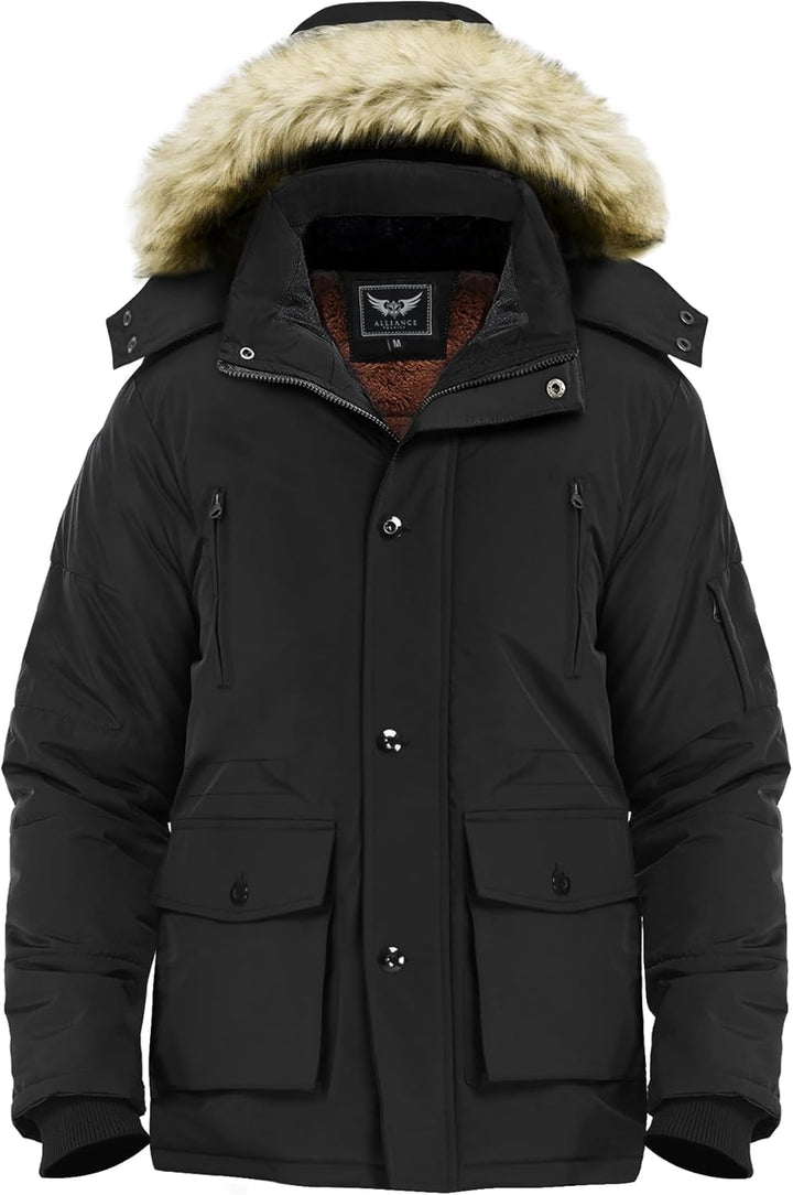 Schwarze Winterjacke mit Kapuze, Kunstfellbesatz, warm, wasserdicht, Herrenmode.