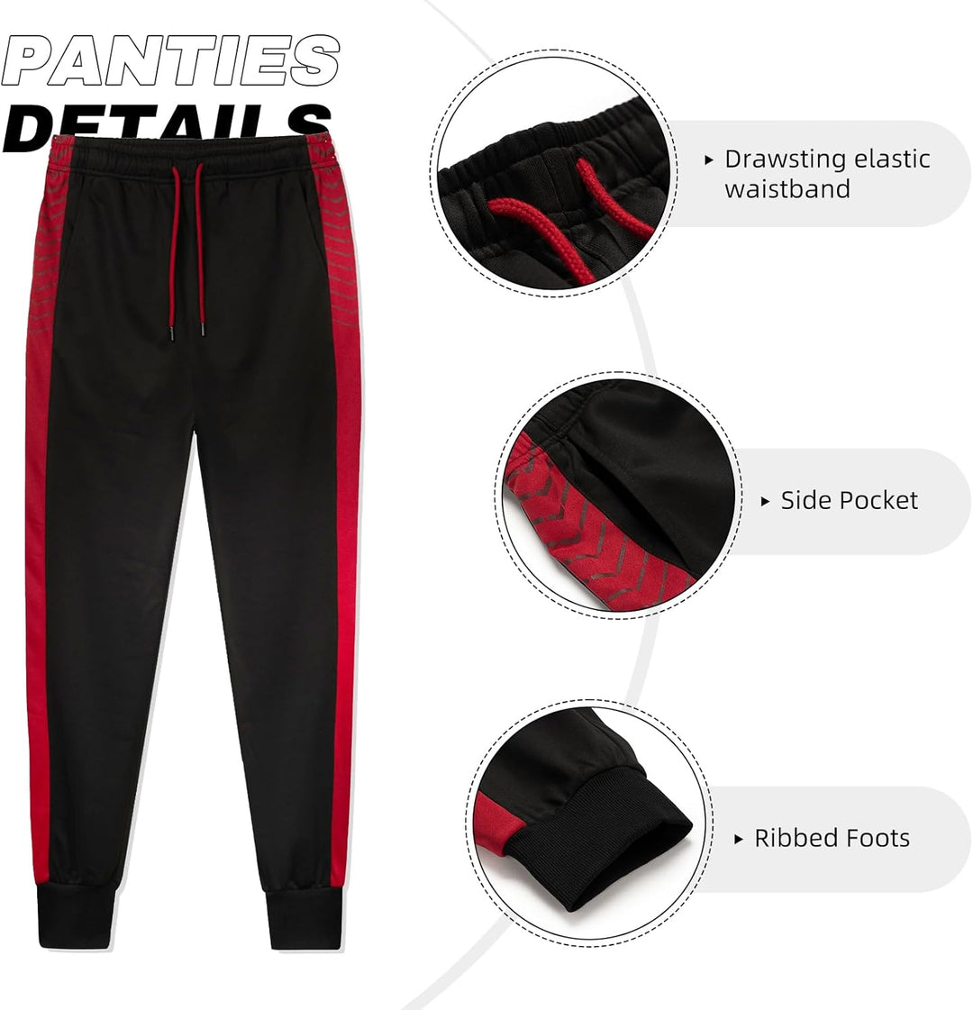 Schwarze Jogginghose mit roten Streifen, elastischem Bund, Seitentasche, gerippten Bündchen.