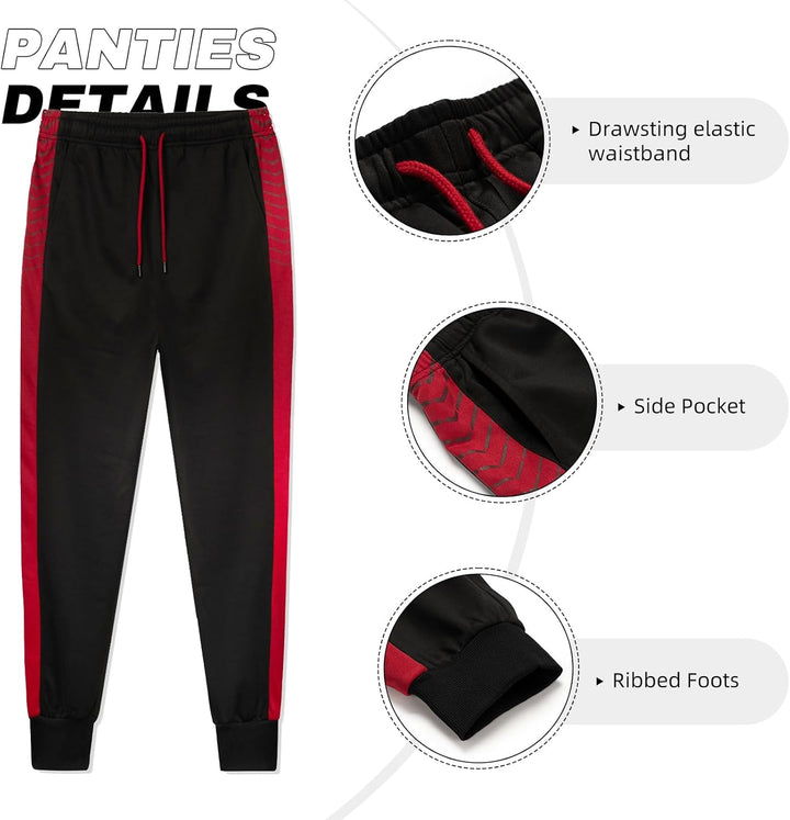 Schwarze Jogginghose mit roten Streifen, elastischem Bund, Seitentasche, gerippten Bündchen.