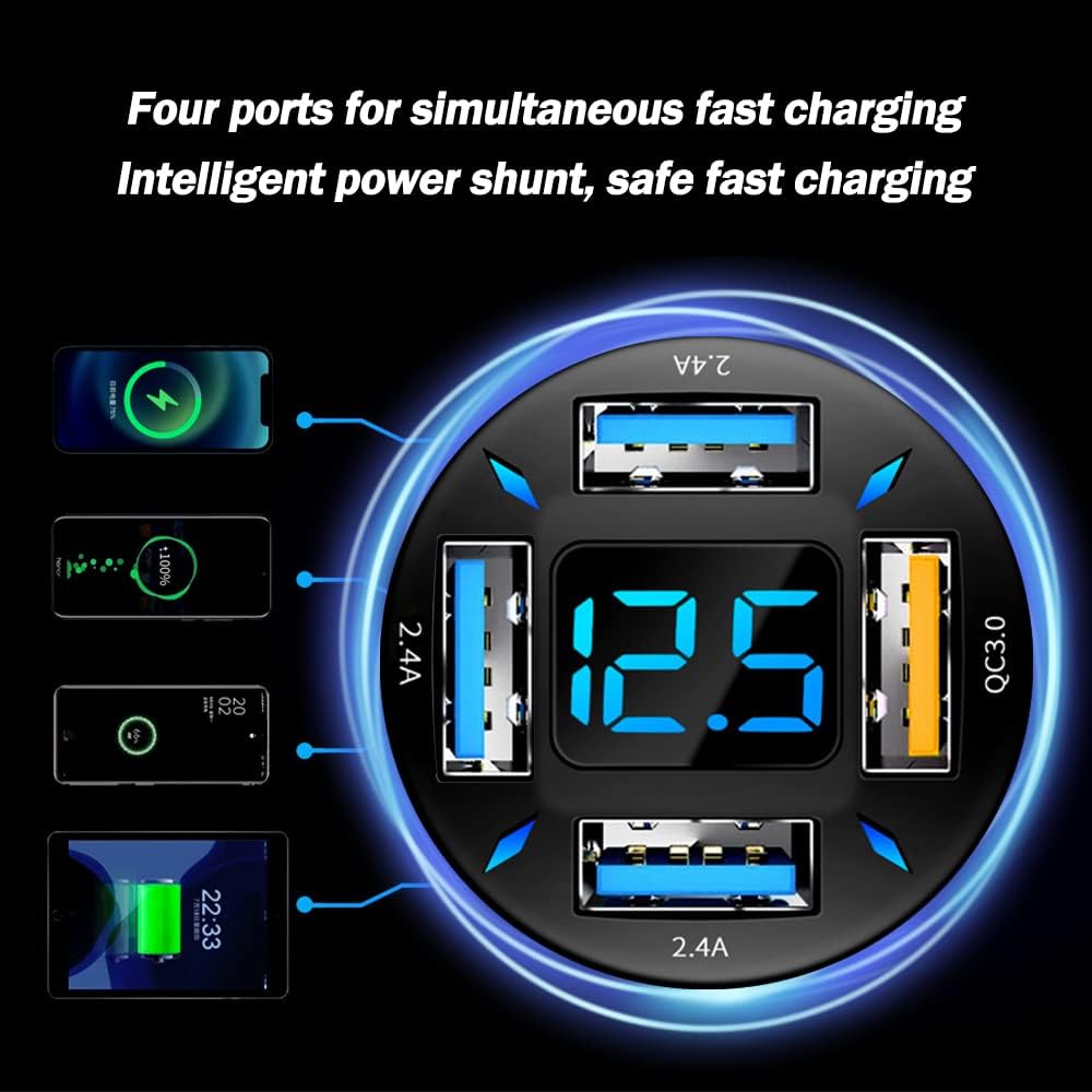 USB-Autoladegerät mit 4 Anschlüssen, LED-Anzeige, Schnellladung, Schwarz