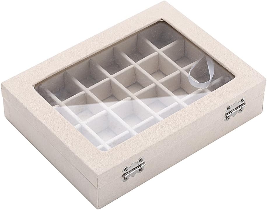 Beige Schmuckkasten mit Glasdeckel, 24 Fächer, Aufbewahrung für Schmuck, Organizer Box.