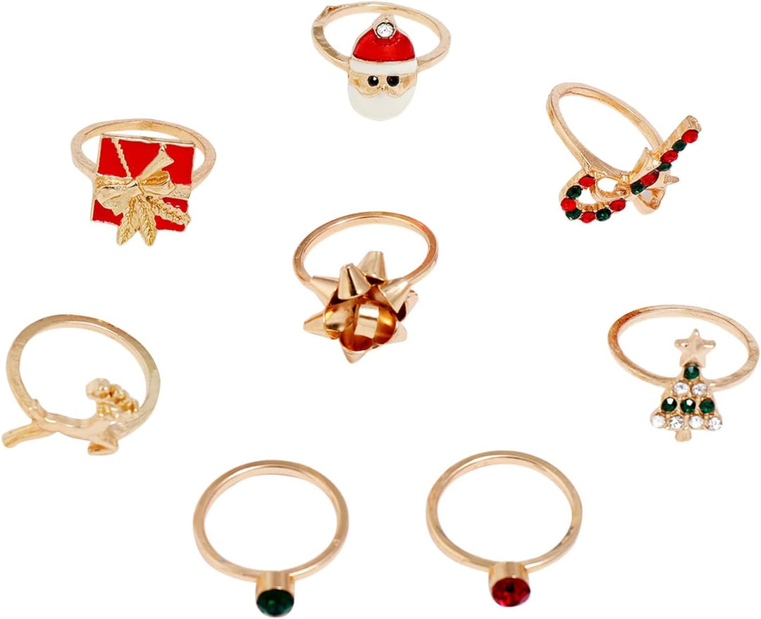 Weihnachtsringe Set, goldfarben, mit Weihnachtsmann, Geschenk, Baum, Schleife, festlicher Schmuck.