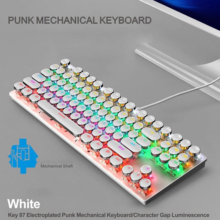 Mechanická herní klávesnice s 87 klávesami, RGB podsvícením a modrými spínači.