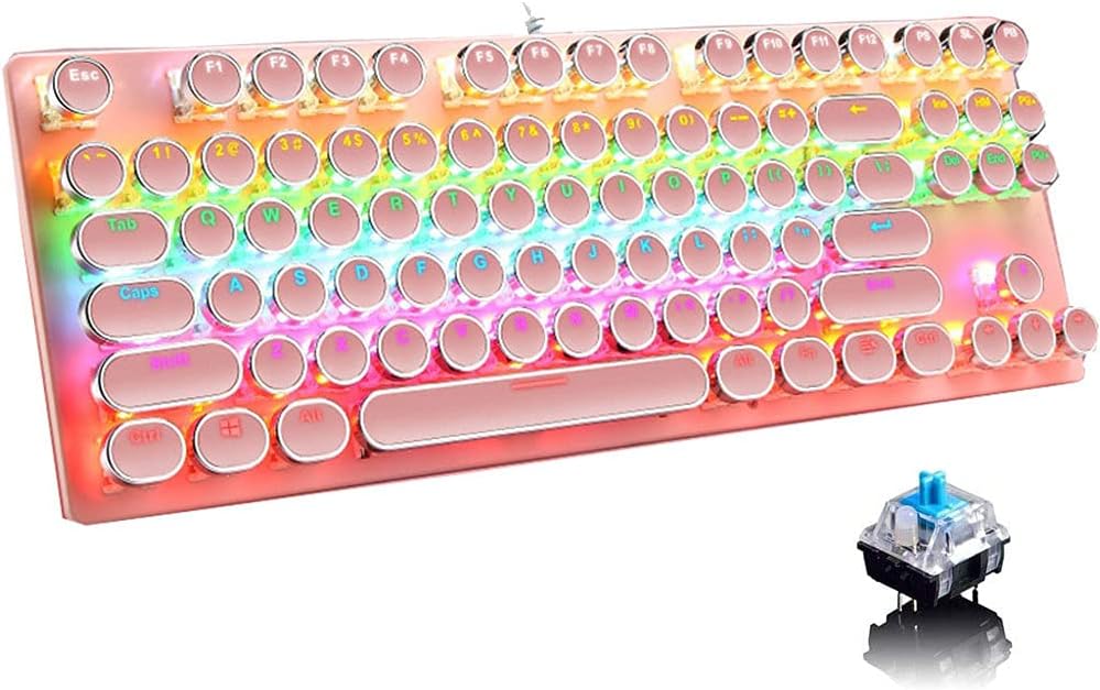 Mechanická herní klávesnice s 87 klávesami, RGB podsvícením a modrými spínači.