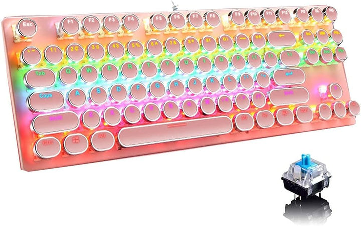 Mechanická herní klávesnice s 87 klávesami, RGB podsvícením a modrými spínači.