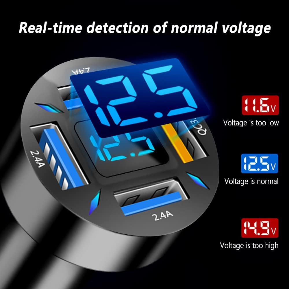 Auto-Ladegerät mit LED-Display, USB-Anschlüsse, Spannungsanzeige, schwarz