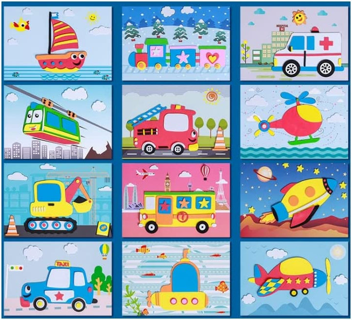 Bunte Kinderpuzzles mit Fahrzeugmotiven, 12-teilig, Lernspielzeug, Holz, pädagogisch.