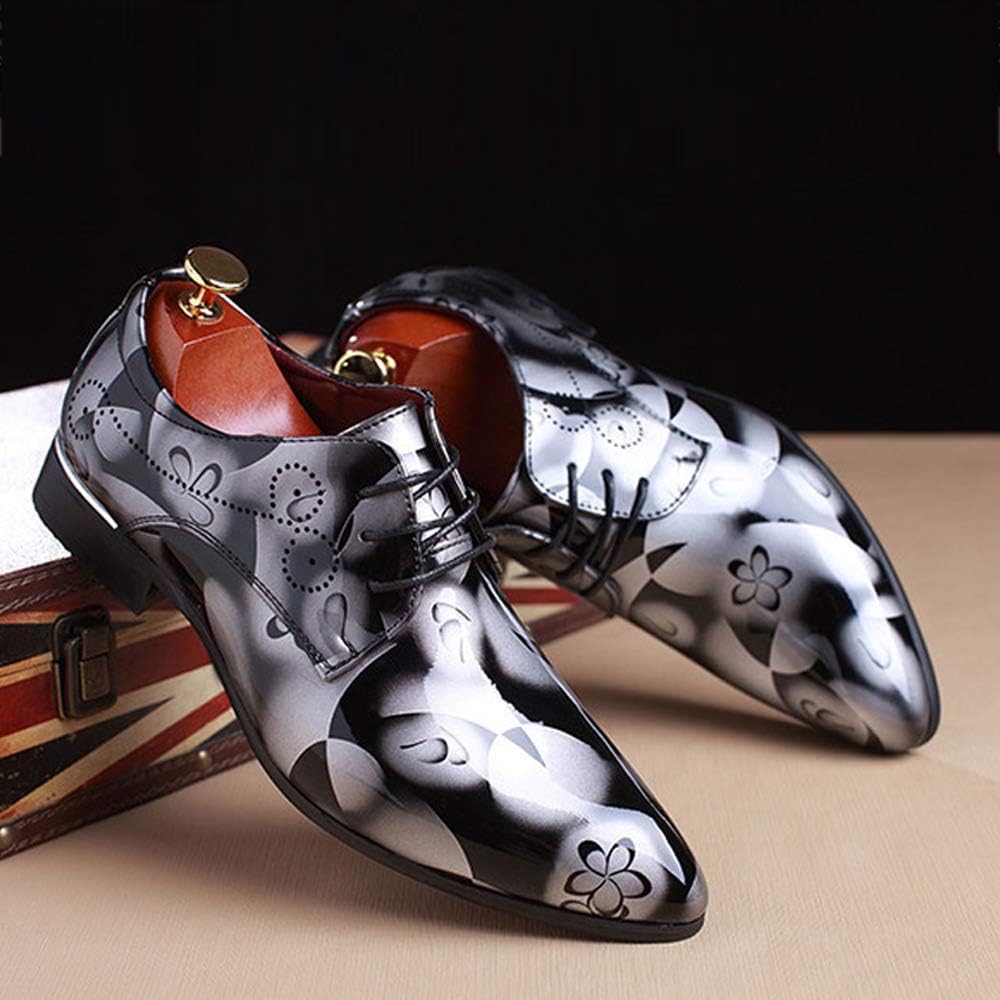 Schwarz-silberne Herren-Lederschnürschuhe mit floralem Muster, elegant und modisch.