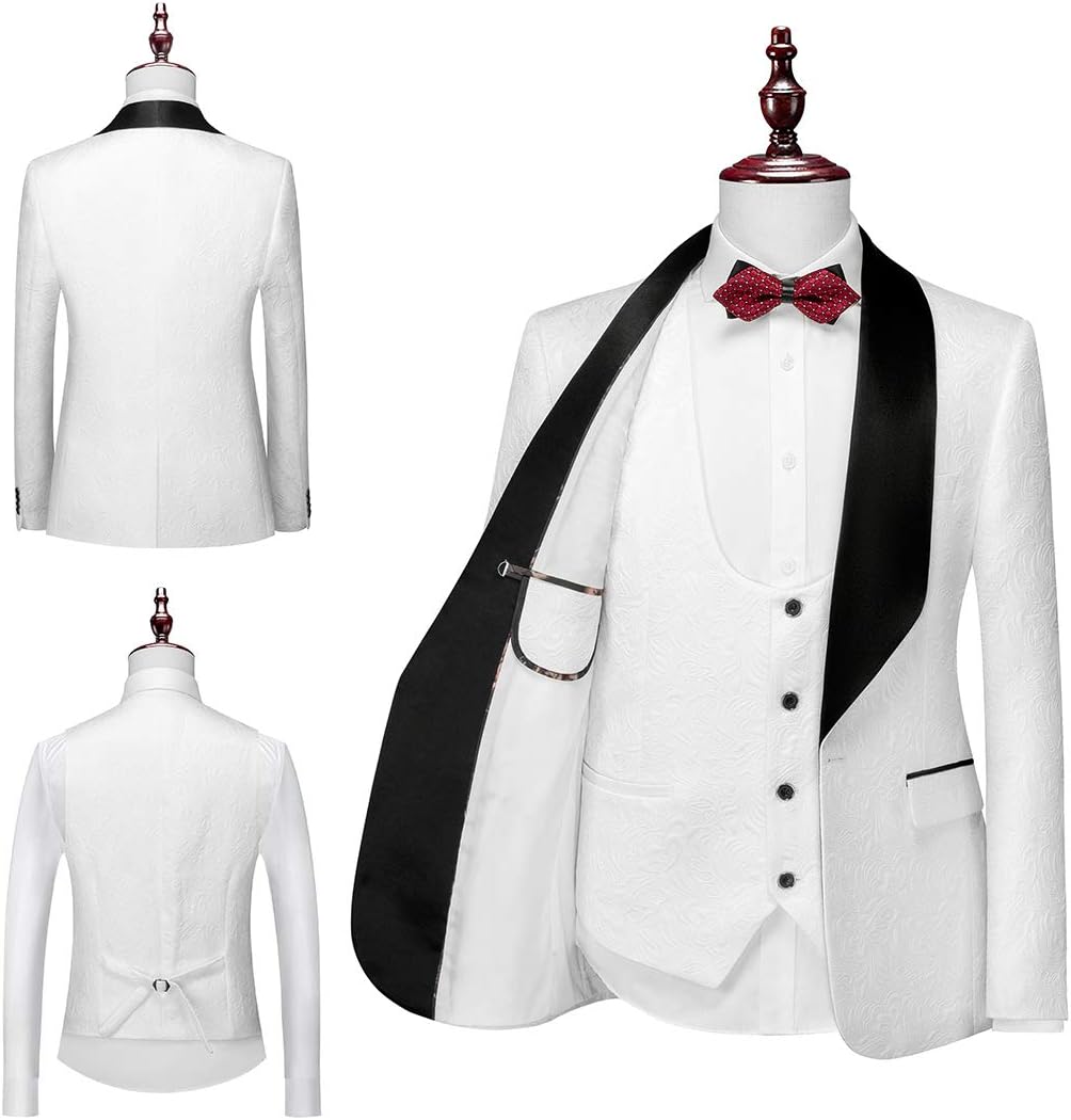 Weißer Smoking mit schwarzem Revers, roter Fliege, Herrenanzug, elegant, Hochzeit, Anzugjacke.