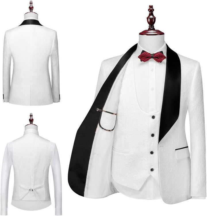 Weißer Smoking mit schwarzem Revers, roter Fliege, Herrenanzug, elegant, Hochzeit, Anzugjacke.