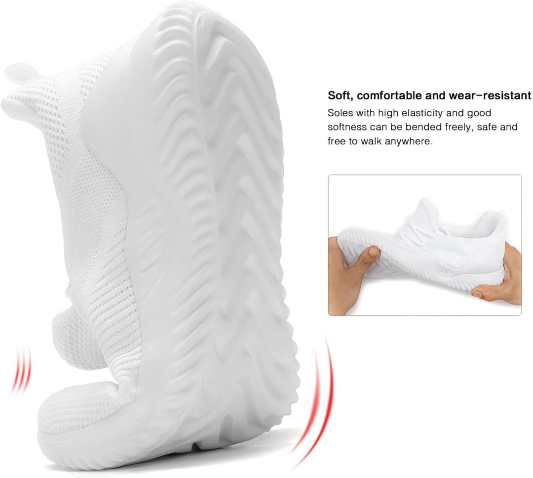 Weiße Sportschuhe, flexibel, rutschfest, atmungsaktiv, ideal für Laufen und Fitness.