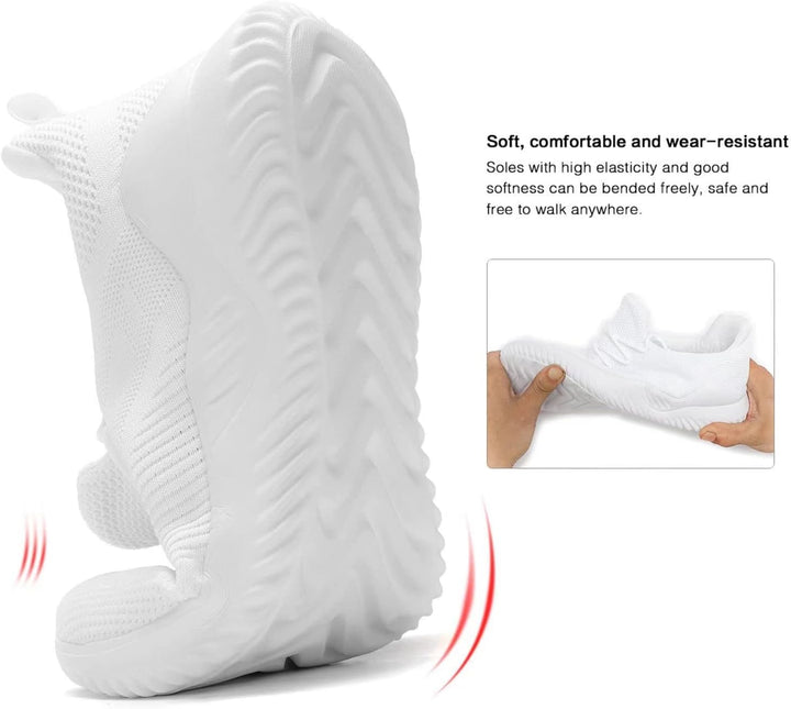 Weiße Sportschuhe, flexibel, rutschfest, atmungsaktiv, ideal für Laufen und Fitness.