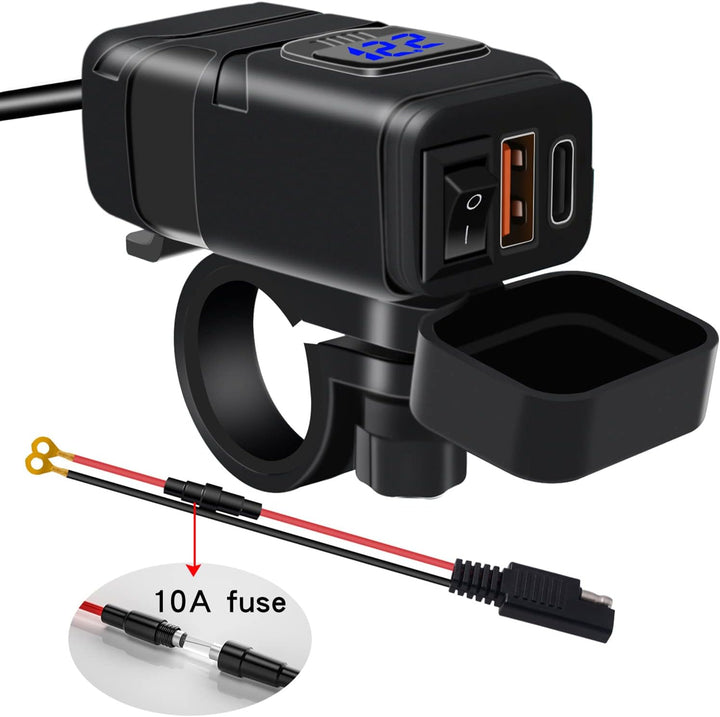 Motocyklová USB a USB‑C rychlonabíječka s voltmetrem – Drayvik