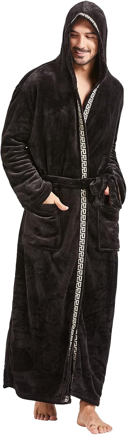 Schwarzer Herren-Bademantel mit Kapuze, Fleece, warm, gemütlich, Taschen, Gürtel.
