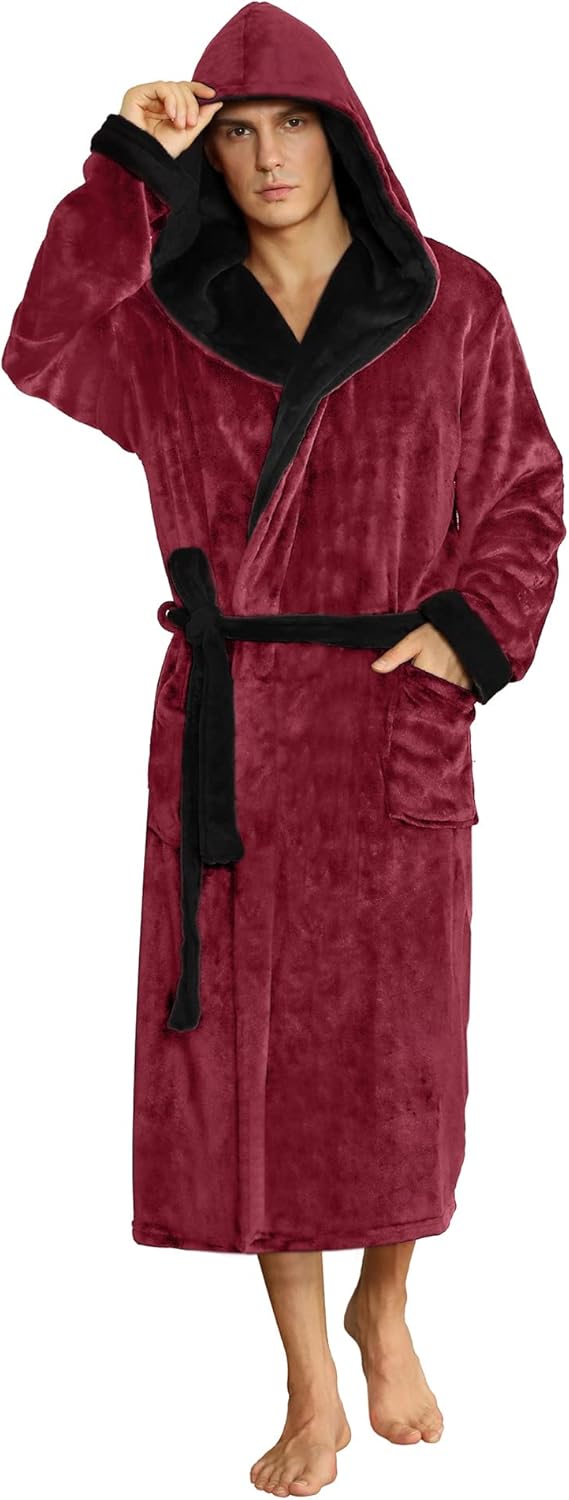 Roter Herren-Bademantel mit Kapuze, Fleece, warm, gemütlich, ideal für Zuhause.