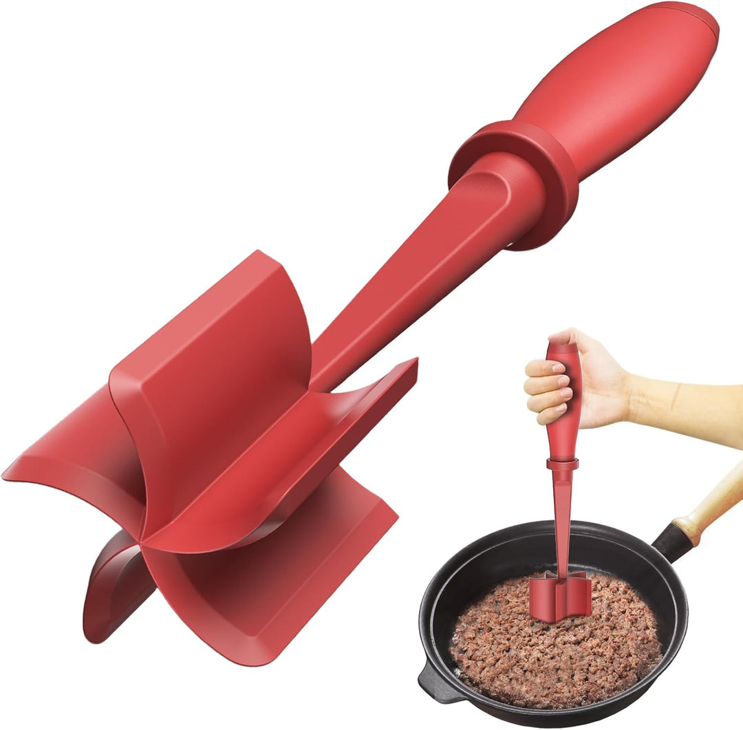 Roter Fleischzerkleinerer aus Kunststoff, Küchenwerkzeug, ideal für Hackfleisch, ergonomischer Griff.
