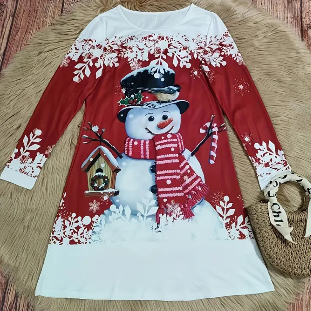 Rotes Damenkleid mit Schneemann-Motiv, Langarm, Wintermode, festlich, Baumwolle.