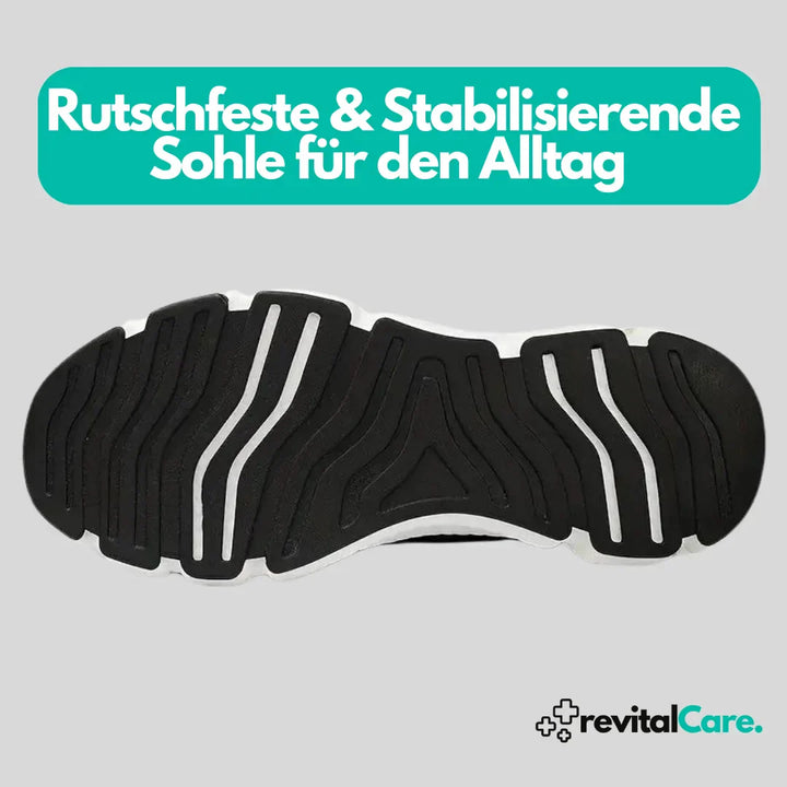 Rutschfeste schwarze Schuhsohle, stabilisierend, ideal für Alltag, RevitalCare.