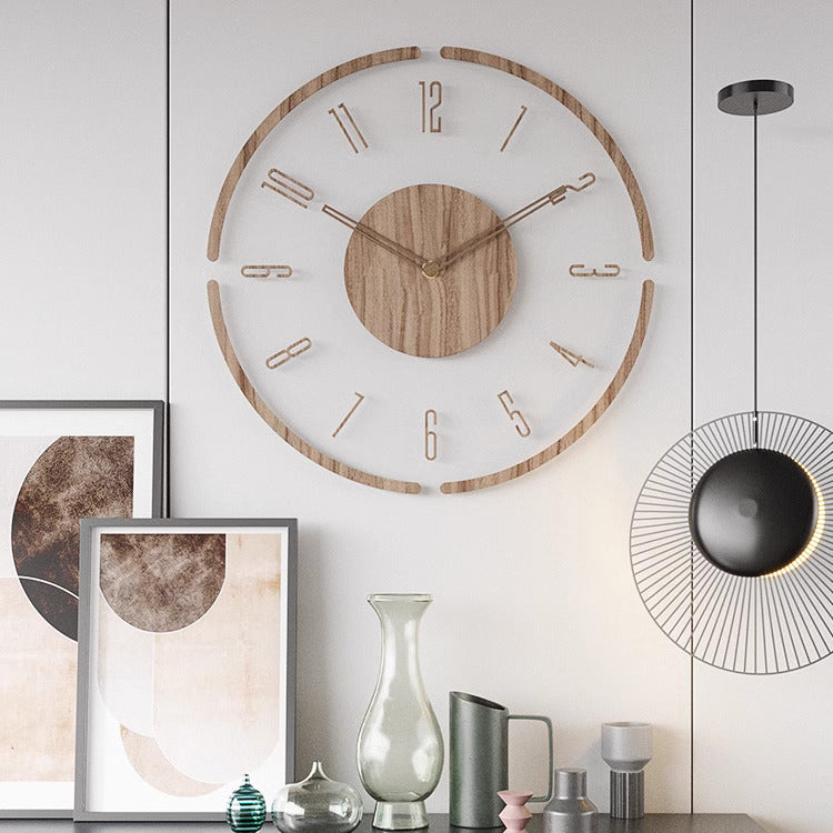 Moderne Wanduhr aus Holz und Glas, minimalistisches Design, Wohnzimmerdekoration.