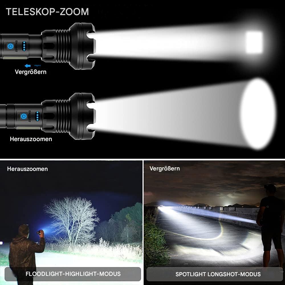 Leistungsstarke LED-Taschenlampe mit Teleskop-Zoom, schwarz, für Outdoor-Abenteuer.