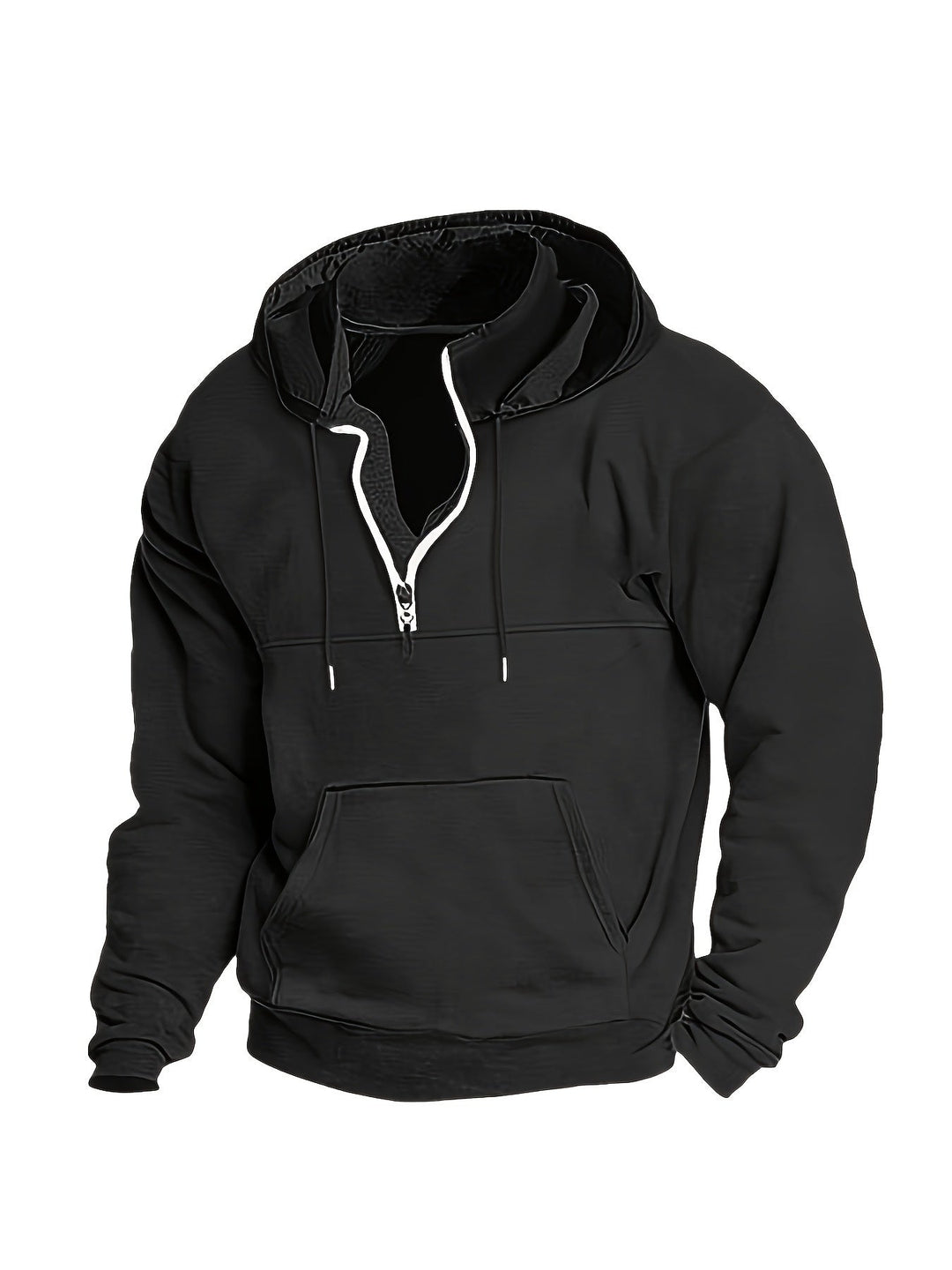 Schwarzer Kapuzenpullover mit Reißverschluss, Kängurutasche, Unisex, Baumwolle, Freizeitmode.