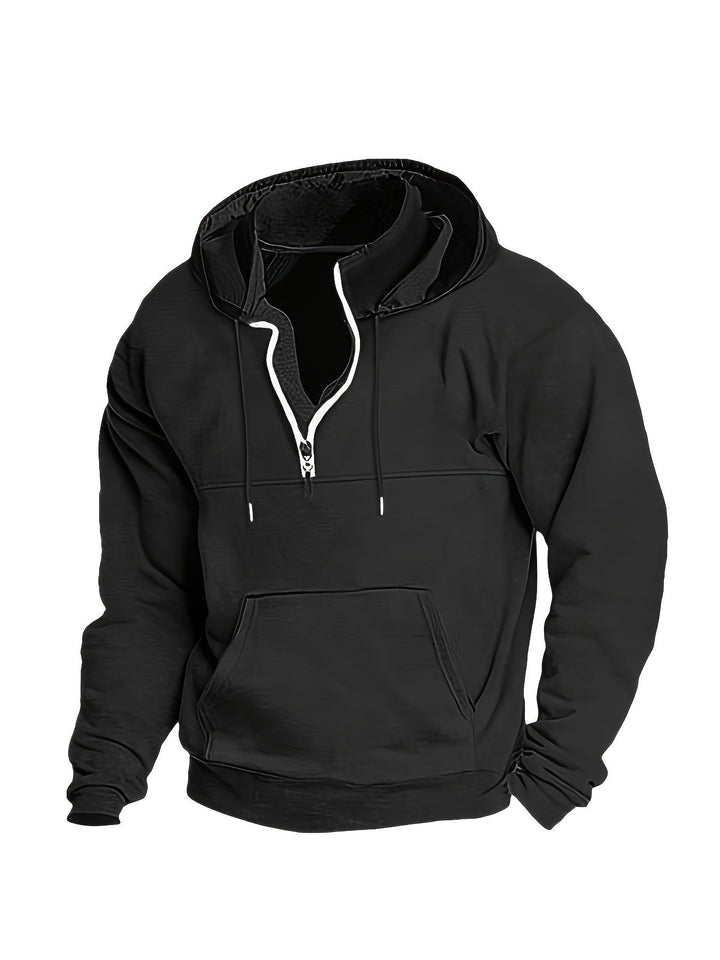 Schwarzer Kapuzenpullover mit Reißverschluss, Kängurutasche, Unisex, Baumwolle, Freizeitmode.