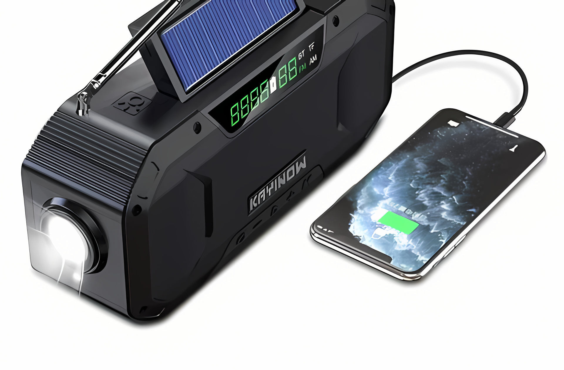 Schwarzes Solar-Radio mit Taschenlampe und USB-Ladefunktion, lädt Smartphone, tragbar.