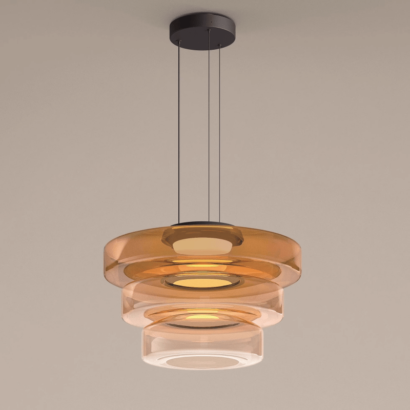 Moderne Pendelleuchte aus Glas, dreistufig, in Bernsteinfarbe, für Wohnzimmerbeleuchtung.