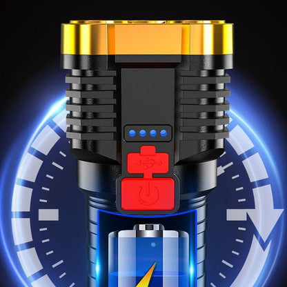 Leistungsstarke LED-Taschenlampe, schwarz-gold, wiederaufladbar, mit Batteriestatusanzeige.