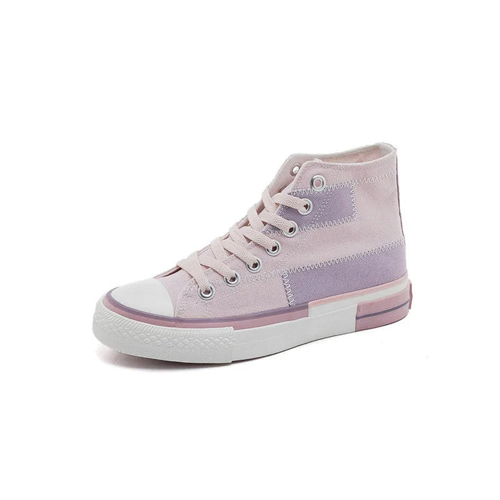Rosa und lila High-Top-Sneaker aus Canvas mit weißer Gummisohle für Damen.