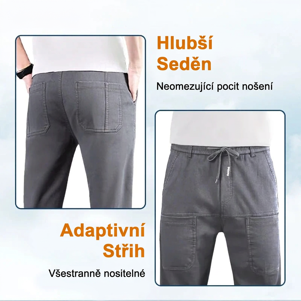 Šedé kalhoty: detail zadních kapes a detail předního pasu s tkaničkou a kapsami 16