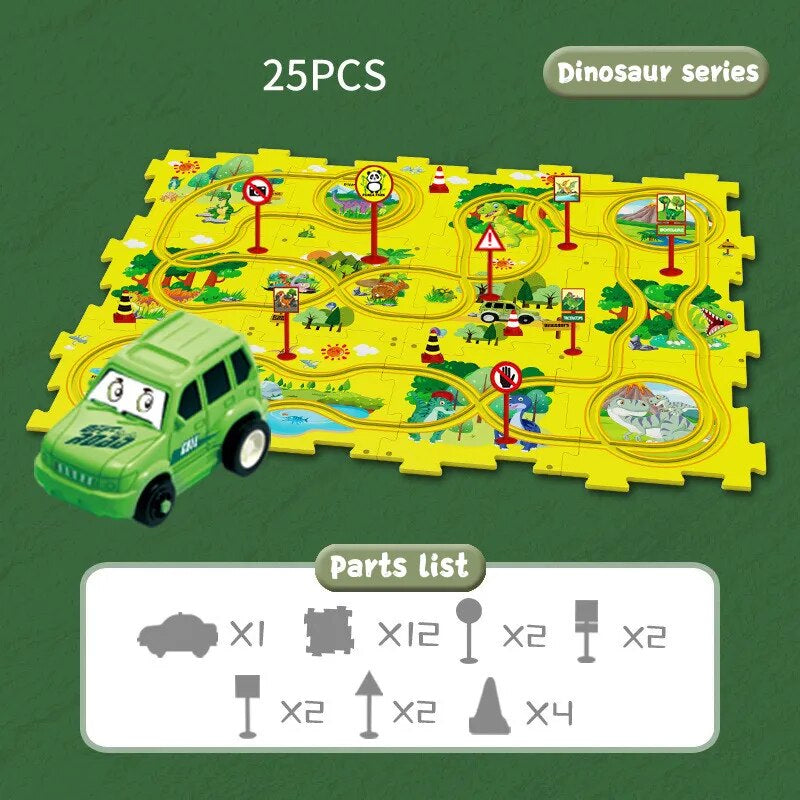 Grünes Spielzeugauto auf gelber Dinosaurier-Spielmatte mit Straßenschildern, 25-teiliges Set.