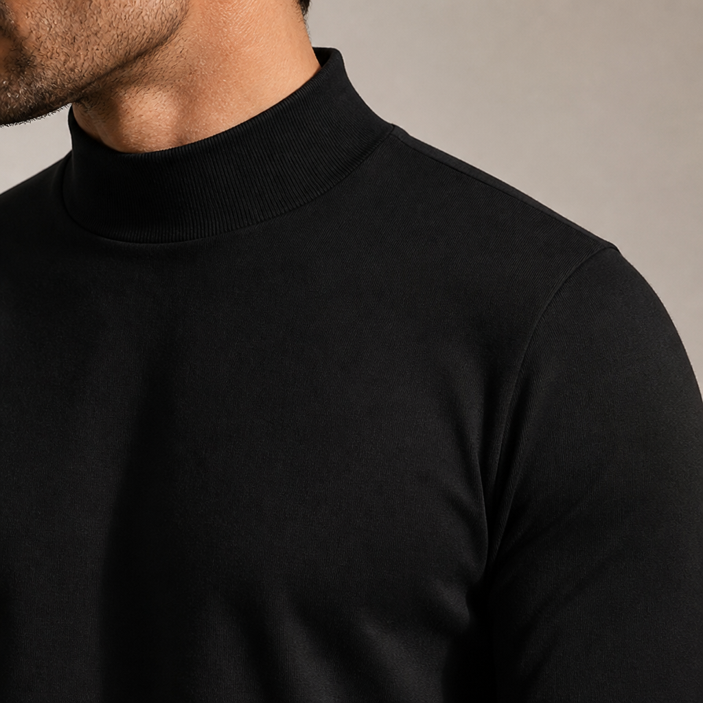 Detailní záběr na žebrovaný vysoký límec a rameno černého trička na modelovi. 6