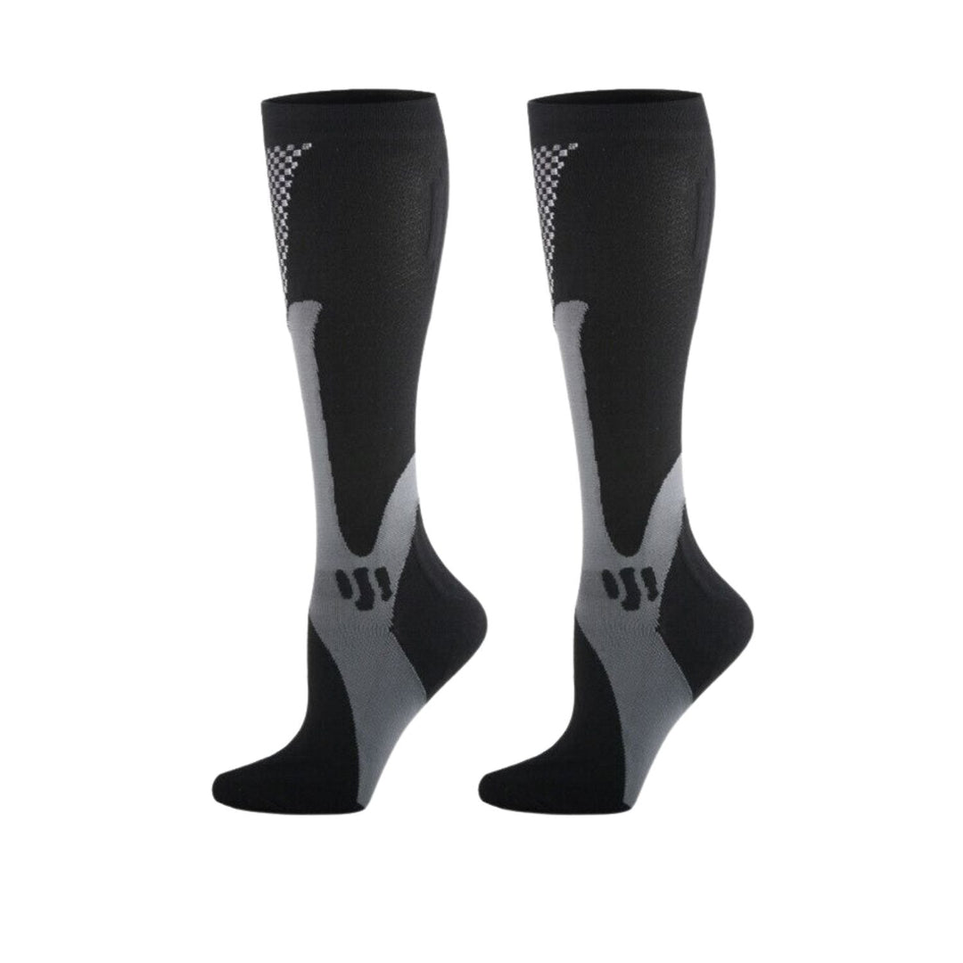 Schwarze Kompressionsstrümpfe, kniehoch, atmungsaktiv, Sport, Unisex, elastisch.