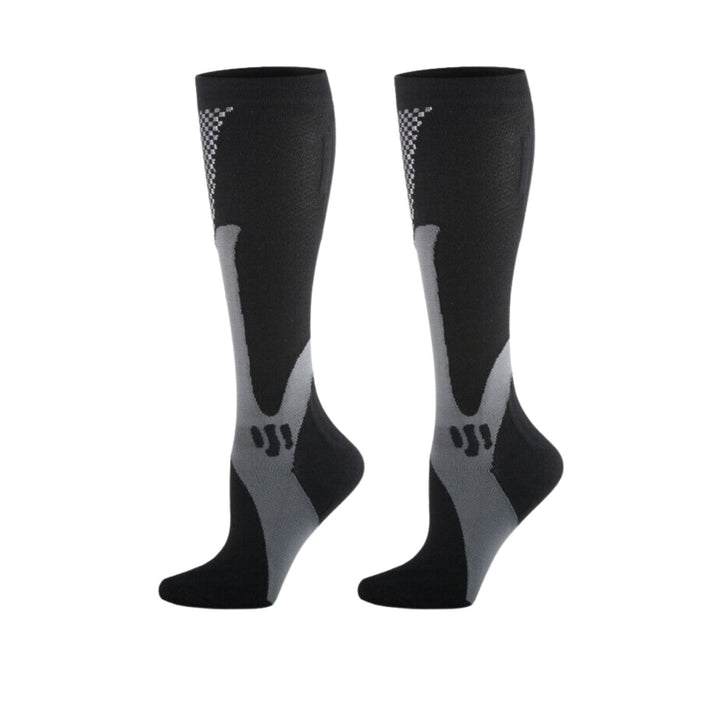Schwarze Kompressionsstrümpfe, kniehoch, atmungsaktiv, Sport, Unisex, elastisch.