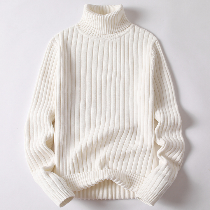 Weißer Rollkragenpullover aus Strick, geripptes Design, Unisex, Wintermode, Baumwolle.