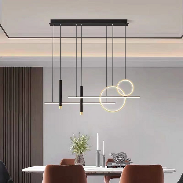 Moderne LED-Pendelleuchte schwarz, geometrisches Design, Esszimmerbeleuchtung, minimalistisch.