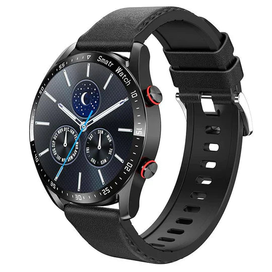 Schwarze Smartwatch mit Lederarmband, rundem Zifferblatt, Fitness-Tracker, stilvolles Design.