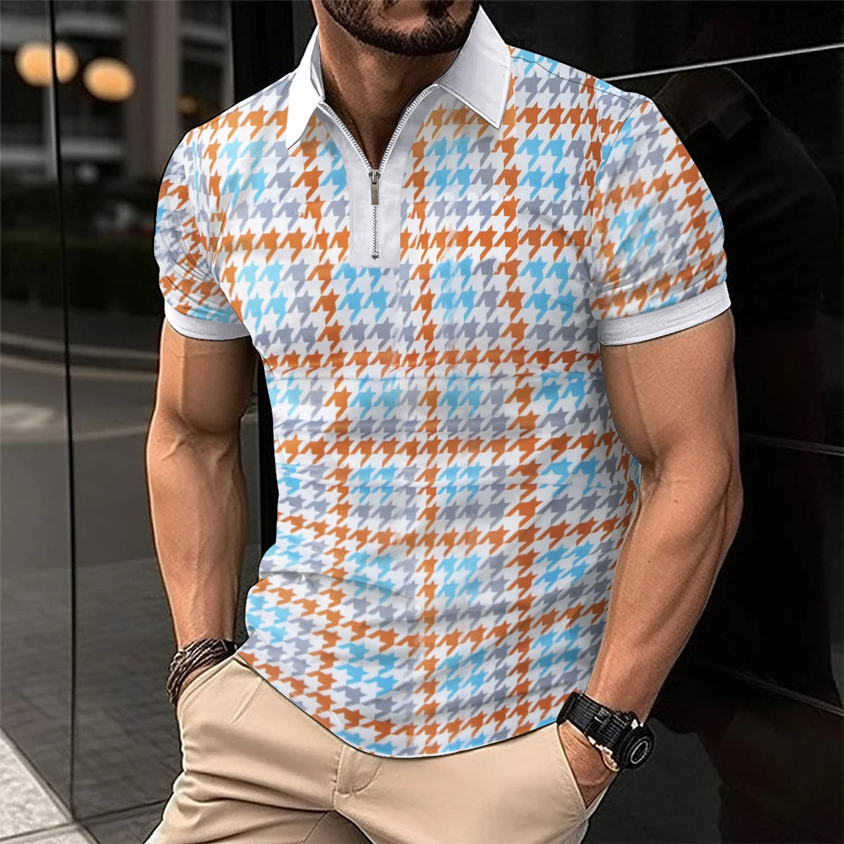 Männer-Poloshirt, Hahnentrittmuster, blau-orange, Kurzarm, Reißverschluss, Freizeitmode.